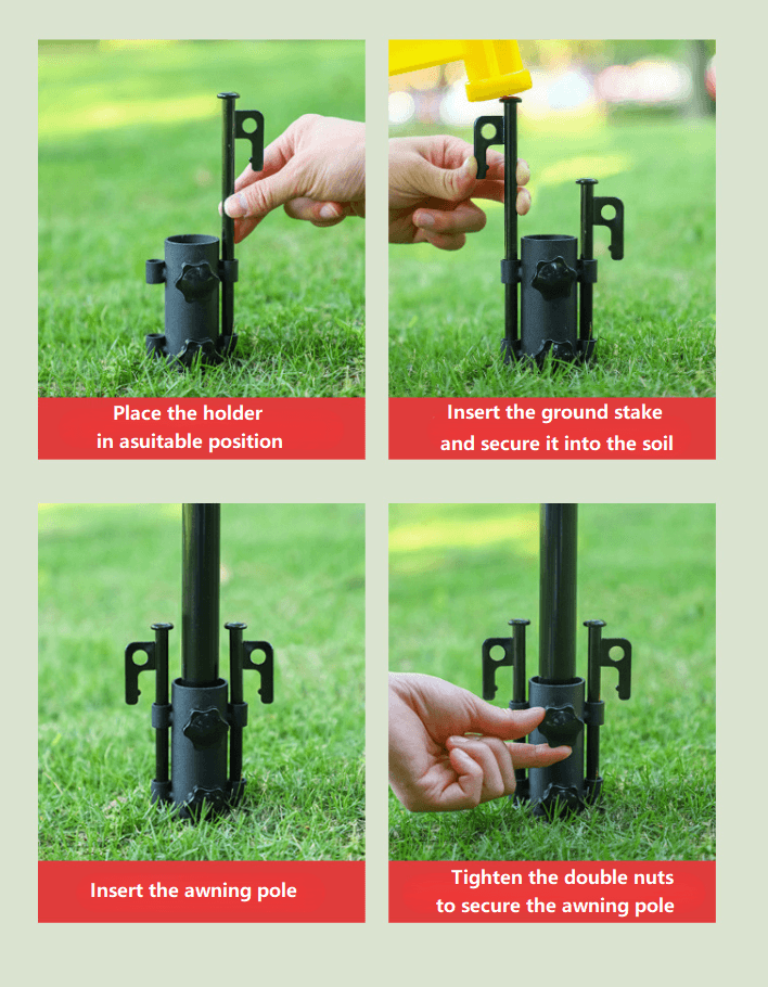 Adjustable Awning Pole Base with Ground Stakes